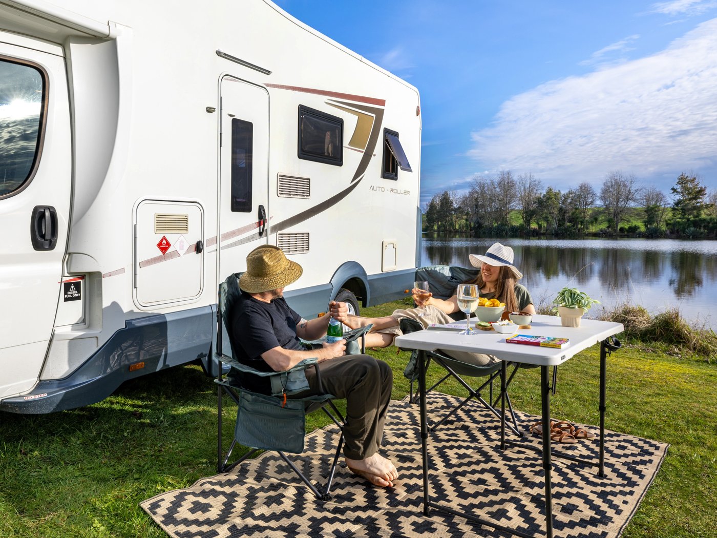 Motorhome parked by a lake